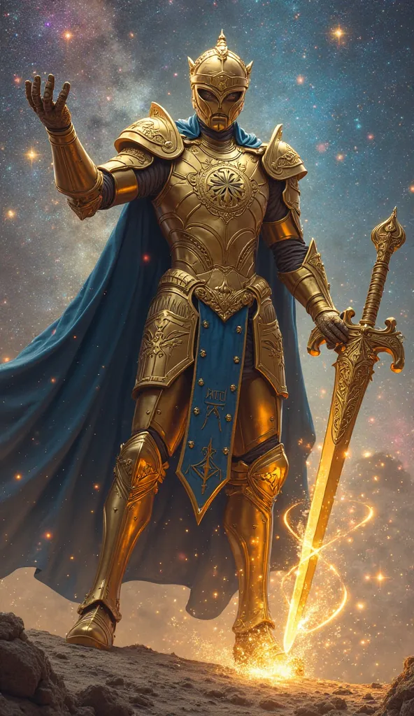 Create a hyper-realistic image of Benetnasch Mime, the Golden Knight of the constellation Ursa Major (associated with the star Benetnasch/alkaid), in a dynamic and powerful pose. His golden armor should reflect intricate details, like reliefs of the Great ...