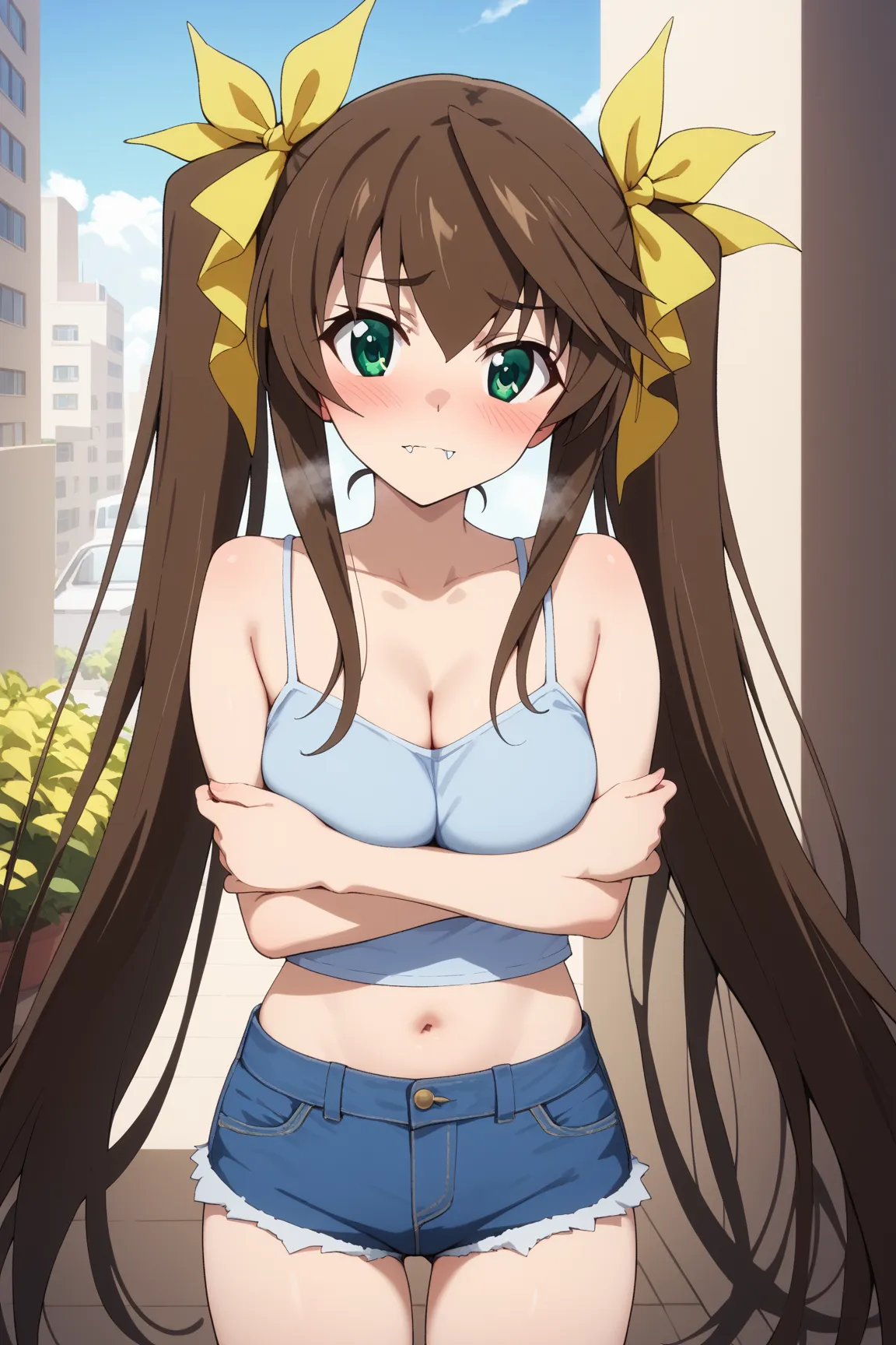 masterpiece,best quality,{{detailed beautiful face and eyes}}, very detailed background,
Lingyin Huang,{{{megami magazine}}},long hair,brown hair,twintails,hair ribbons,yellow ribbons,fang,green eyes,small breasts,
camisole, bare shoulders, cleavage, crop ...