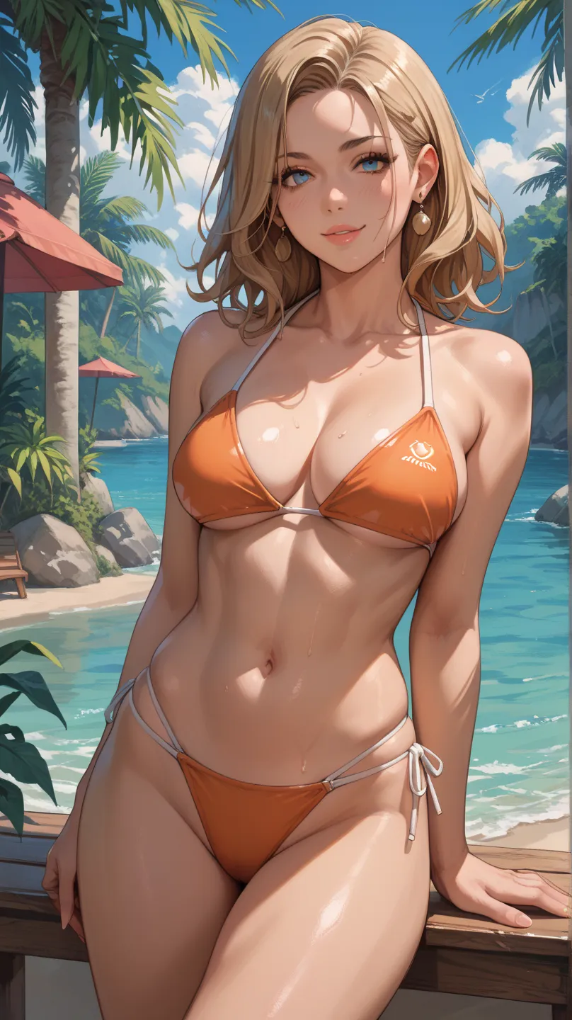 Anime woman wears bikini she has very big boobs