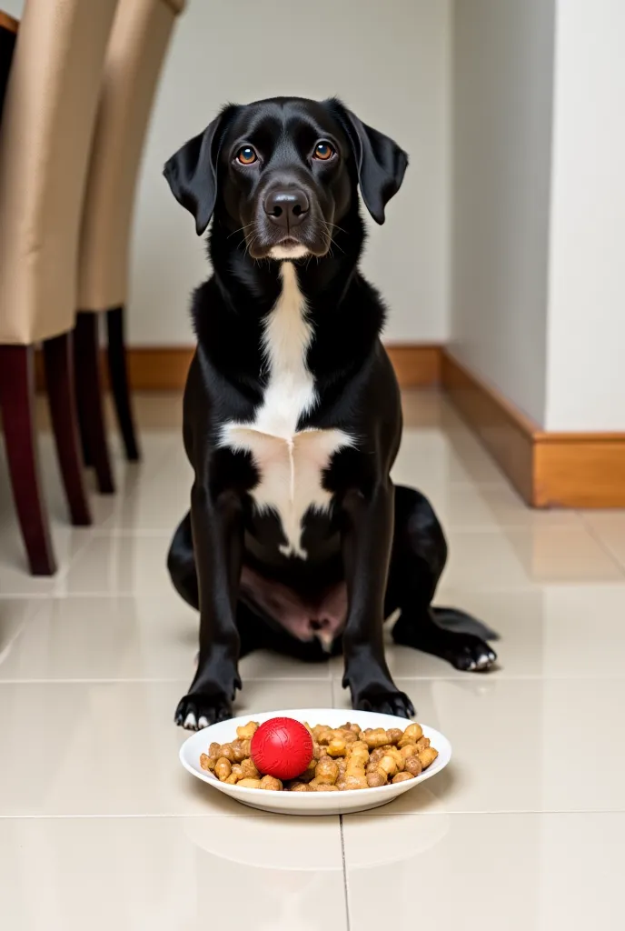 A dog with a black coat with a white spot on its chest is sitting on the bright floor of a house, looking directly at the camera with an attentive expression. Your ears are slightly folded, and he seems focused . In place of the little red ball, there is a...