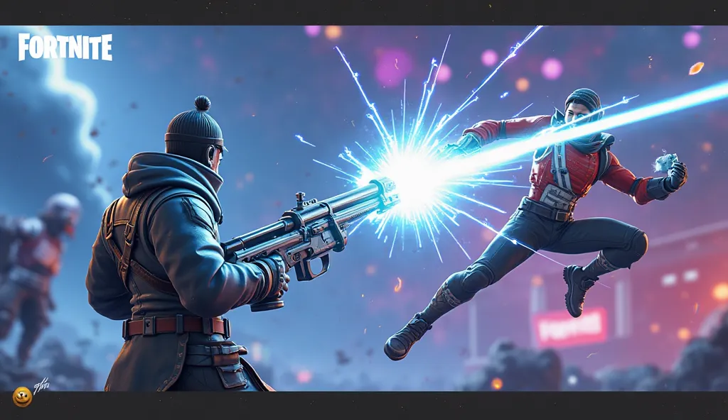 An action scene in Fortnite, showing a character holding the Electric Strike , a shiny futuristic stick with electrical effects, hitting an enemy in the air. The impact generates sparks and blue rays coming off the bat. The enemy hit is thrown away, with a...