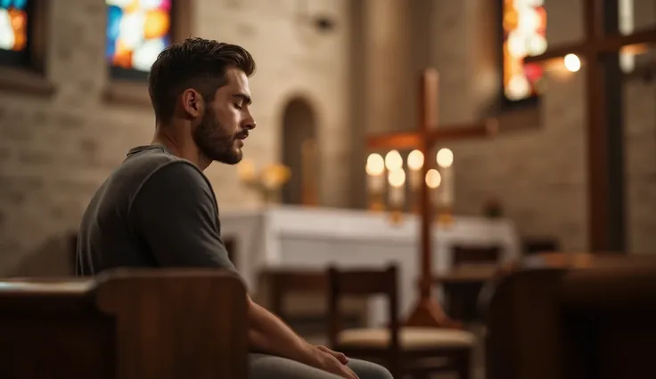 A handsome man with well-defined features sits slightly away from the camera beside a grand wooden cross, his eyes closed and head bowed in deep prayer. The background, captured with a realistic high-resolution bokeh effect, softly blurs the altar adorned ...