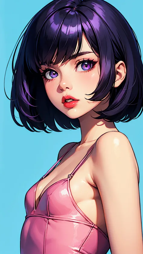 one girl, An ennui look、Upper body angle、 black background、bob cut、 short hair, colorful hair, parted lips, red lips, highest quality、masterpiece、small breasts, cleavage, shiny skin, (eyes looking off to side), Highly detailed, Amazing work，Vitreous luster...