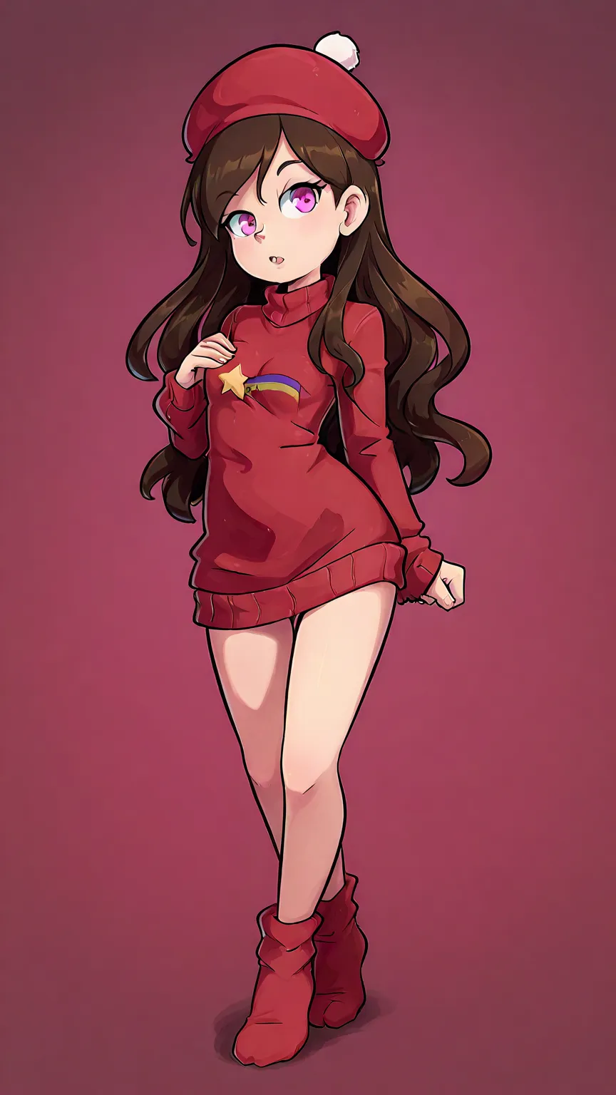 chica, Caucasian, small breasts. thin and tall.  pink eyes. long wavy hair, dark brown. Naked she only wears a red hat sweater, on her chest says Aisha. full body foot skirt