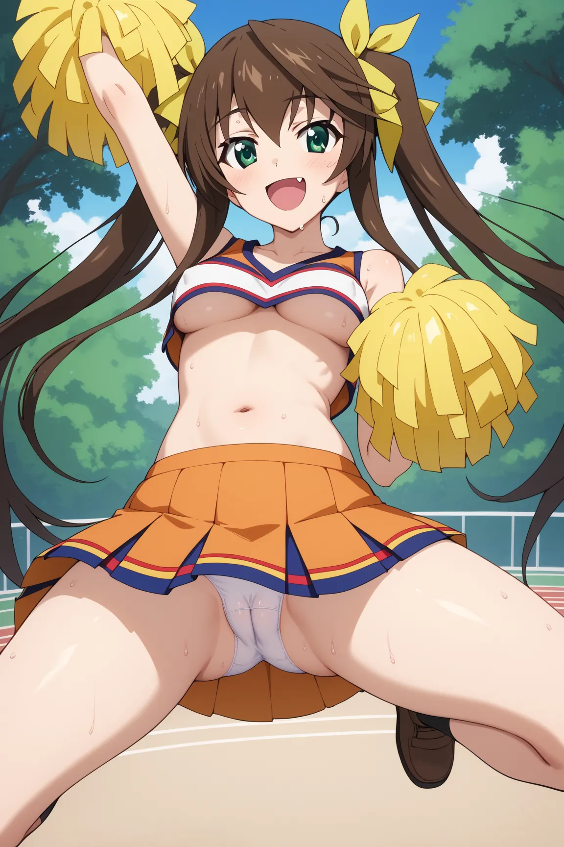 masterpiece,best quality,{{detailed beautiful face and eyes}}, very detailed background,
Lingyin Huang,{{{megami magazine}}},long hair,brown hair,twintails,hair ribbons,yellow ribbons,fang,green eyes,small breasts,
(cheerleader:1.3), (pleated skirt:1.3),(s...