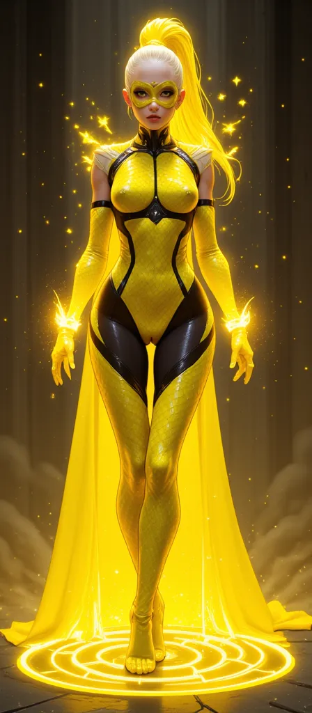 Full body photorealistic beautiful and gorgeous and sexy young slender futuristic female hero with yellow ponytail hair wearing a yellow and black micro scale textured stripes costume and stylized eye mask.and wristbands that  manipulate energy , her body ...