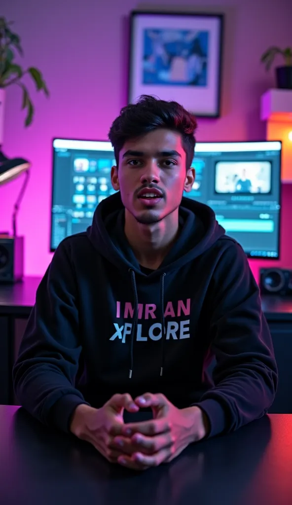 Prompt:
A young man, around 18-20 years old, is sitting in a modern, dimly lit studio, facing the camera and speaking directly to his audience. He is wearing a black hoodie with "Imran Xplore" written on the front in bold letters. The studio has a creative...