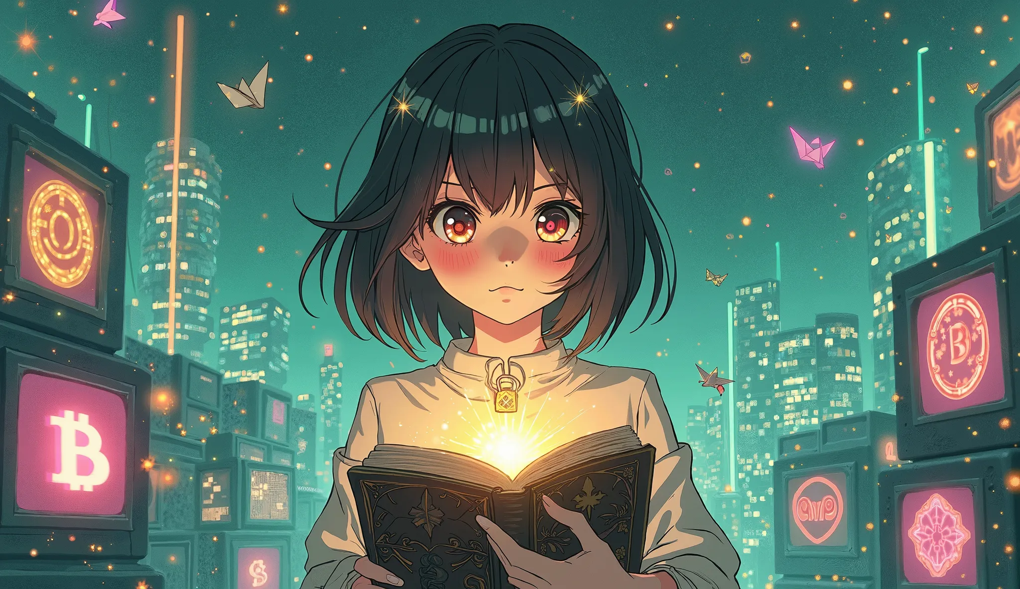 Vintage anime scene from 1996, Studio Ghibli cyberpunk atmosphere - A magical girl with 90s anime eyes (huge sparkles) holds a glowing digital wallet shaped like ancient spellbook, surrounded by floating crypto symbols (bitcoin logos, padlocks, shields) tr...