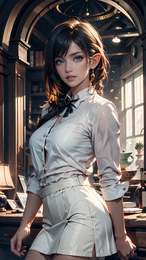 1 girl, cowboy shot of sylvdark looking at viewer】, Colored Skin,  green, teeth, Colloquial mind, Elf,  Long eyebrows , (white shirt, black skirt), Highly athletic, Volume Lighting, best quality, masterpiece, complicated, Volume Lighting, like the movie, 8...