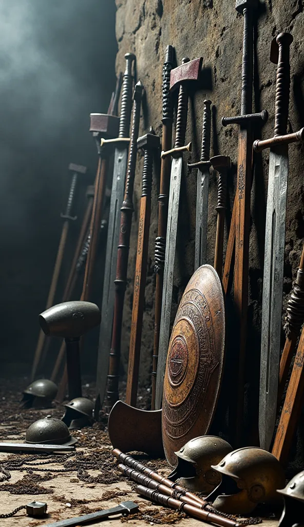 "Create a cinematic and highly detailed scene featuring a vast collection of ancient and battle-worn weapons displayed dramatically. The arsenal includes gleaming swords with intricate engravings, bloodstained battle-axes, iron-tipped spears, and massive w...