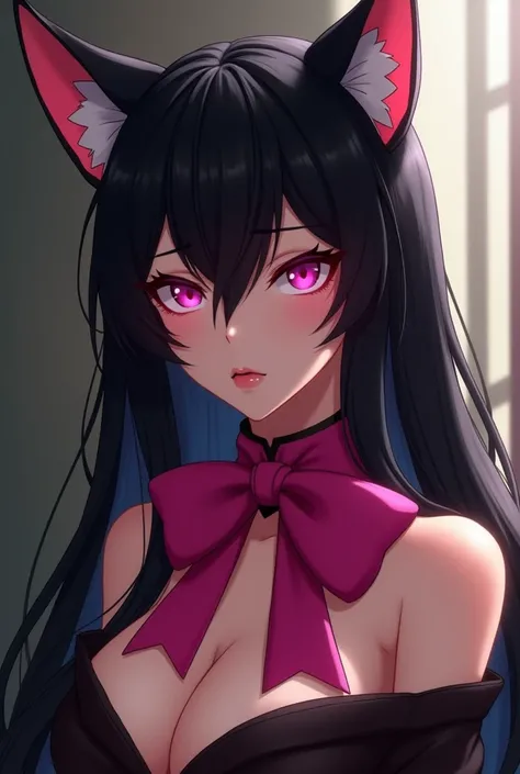 black hair long cat ear neck pink big ribbon sexy anime