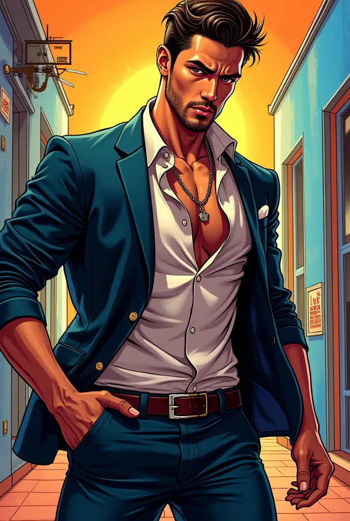 Comic book style artwork. Vibrant. Colourful. Sleek. Seductive. Aesthetic.
A man. Good looking. 
