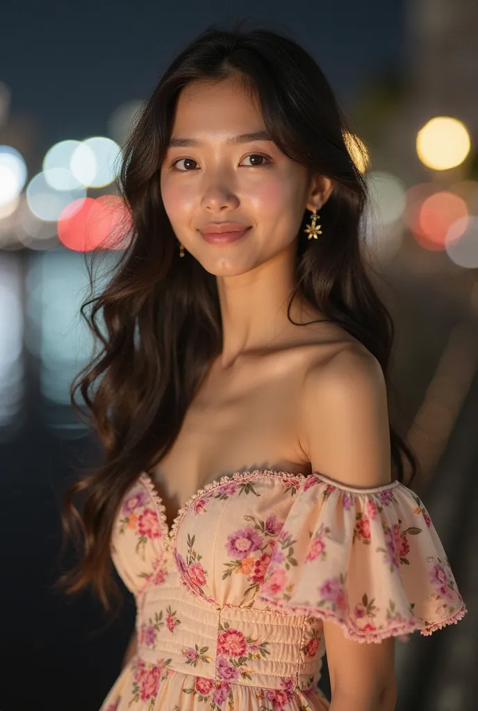  a young Asian woman with fair skin and long, dark hair styled in loose waves. She has a delicate, symmetrical face with minimal makeup, accentuating her natural beauty. Her expression is soft and inviting, with a subtle, knowing smile. She is wearing an o...