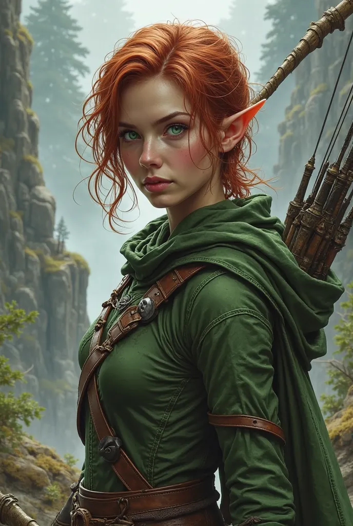 Create a character with a realistic face. She has short red hair wavy up to her neck, She has pointy ears, Wearing green war clothes, while holding your bow and arrow. Do your best fantasy