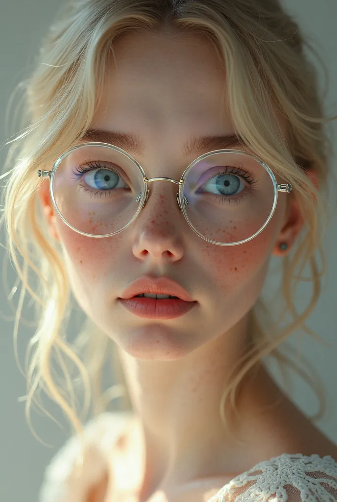  Blue-eyed blonde girl, with freckles,  and transparent glasses 