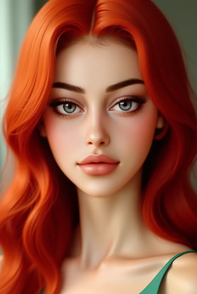 Create a hyper-realistic AI-generated female avatar with lifelike facial details, soft skin texture, and natural lighting. She has vibrant, flowing red hair, striking green eyes, and well-defined facial features. Her expression is confident and alluring, w...