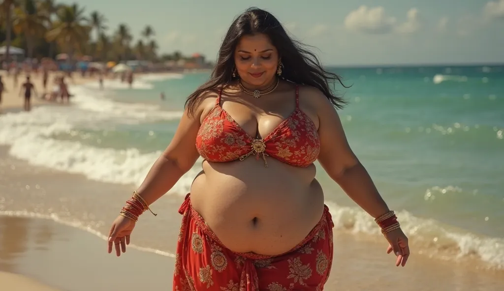 Indian fat sexy woman doing dance in bikini, best quality, Indian chubby stepmom, hot stepmom, hot figure, Indian traditional outfit, bikini, big boobs, cleavage, detailed, physical render, sexy figure, hot figure, plus size indian woman