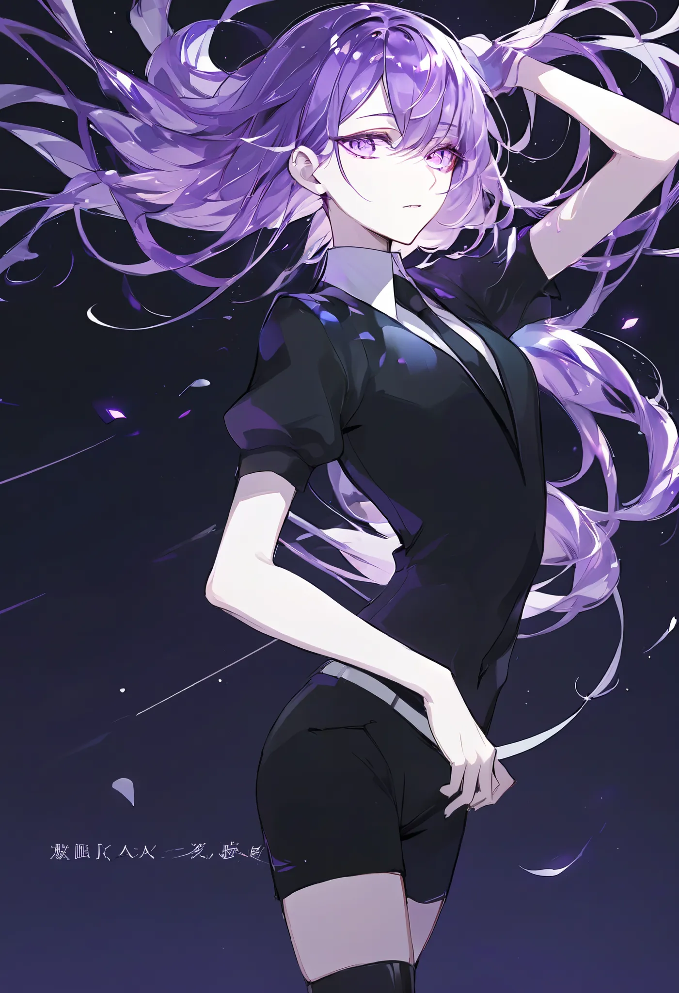 Beautiful, solo, long hair, purple hair, purple eyes, white shirt, black suit, short sleeves, houseki no kuni