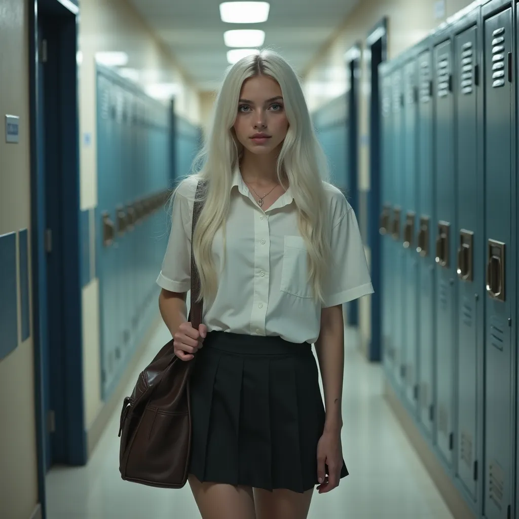 ultra realistic photo of a 19 year old woman, light eyes, very long white hair, wearing school clothes, skirt and shirt, walking through the school corridors with school lockers next to her, high resolution