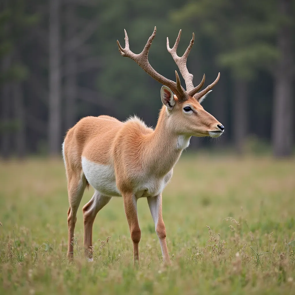 "Generates a detailed image of the Saiga antelope (Saiga tatarica), its head is large and has a mobile nose that hangs over its mouth
males have long waxy horns with ring-shaped crests, their fur is yellowish-whitish in winter to a light yellowish-reddish ...