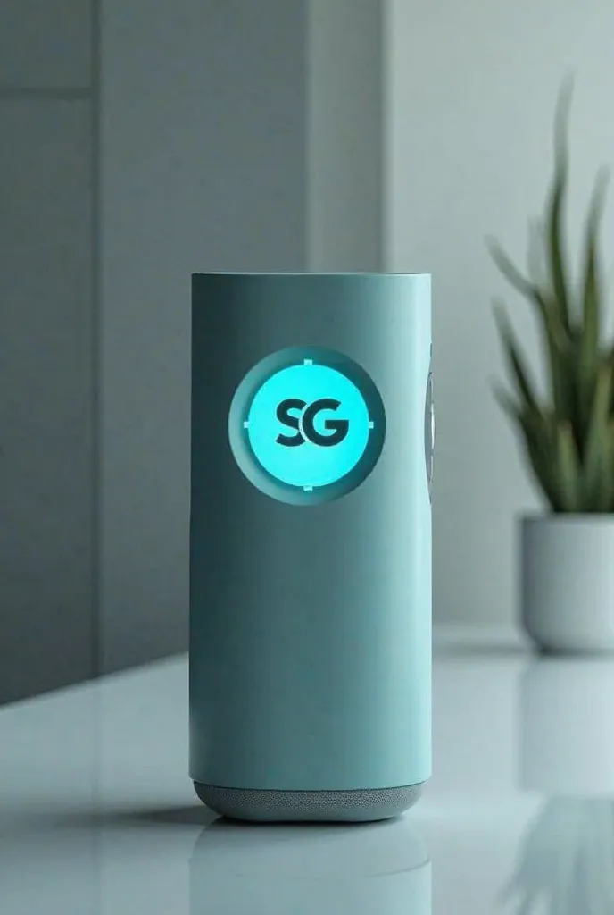 The speaker would be roughly cylindrical, with a smooth, matte finish. The logo would be a stylized "SG" (for SoundGlow) within a circle, incorporating the gradient blue-teal color scheme.