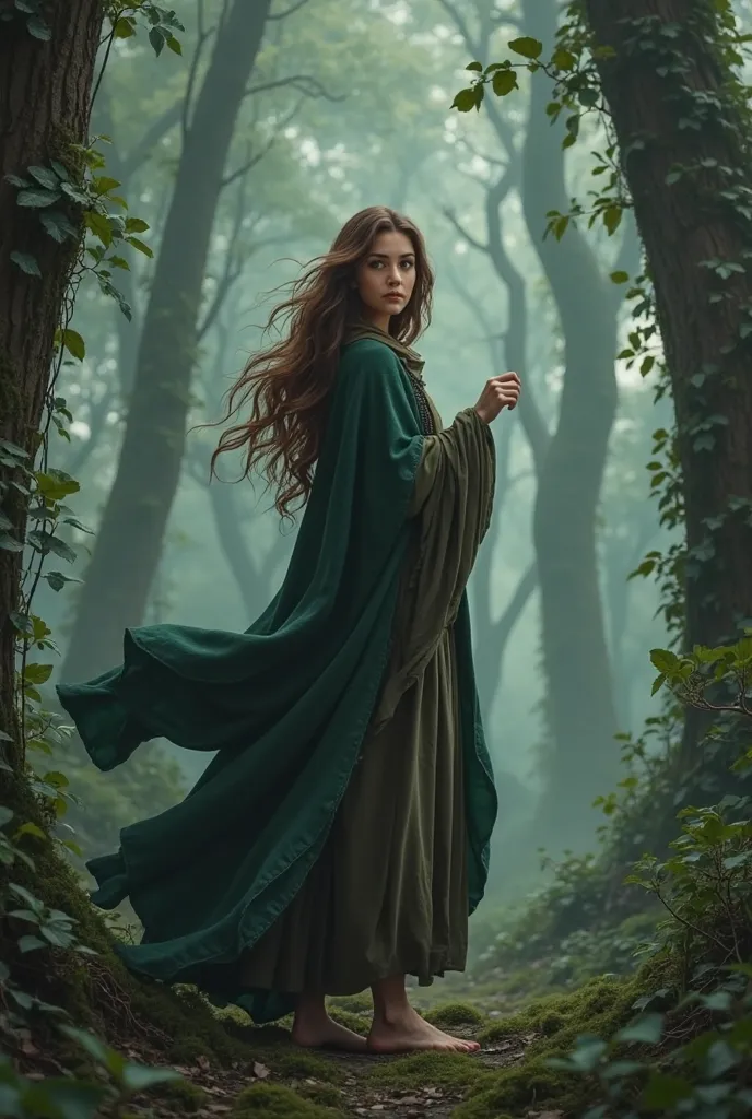 A dense, misty forest with towering ancient trees. In the middle of the scene, a woman named Liana stands. She has long, wavy brown hair cascading down her back, piercing emerald eyes, and wears a flowing dark green cloak with earthy-toned layers. Her bare...