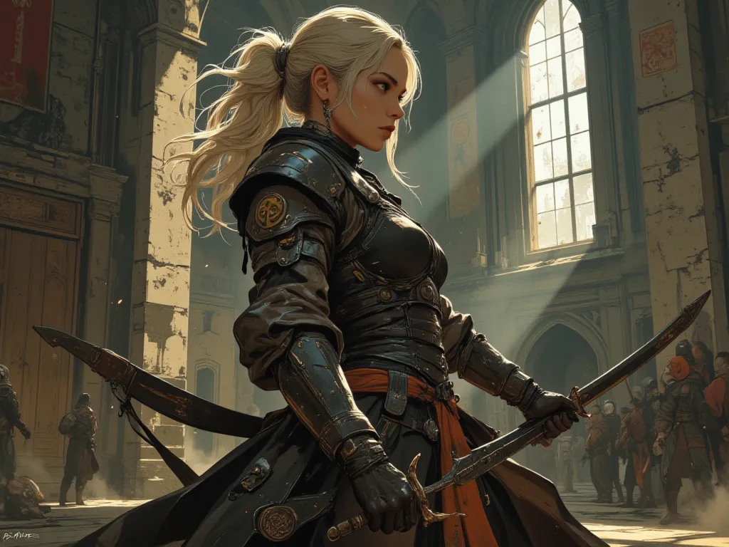 A woman with an imposing posture, of platinum blonde hair tied in an elegant bun, she is in a medieval combat arena environment. She wears reinforced leather armor in shades of black and dark brown, adjusted to the body for maximum mobility.  on both hands...