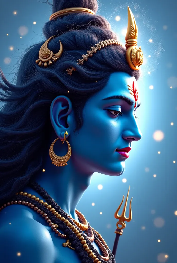 The artwork presents a side profile of Lord Shiva, capturing his serene expression and flowing, intricately styled hair. The skin tone is a soft blue, symbolizing his divine nature, while celestial elements like a glowing halo and cosmic background enhance...