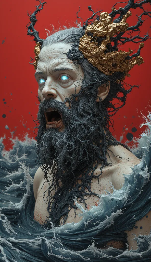 "A marble bust of Poseidon, his noble face now twisted into a terrifying visage of decay and dread. His eyes shine with a haunting white glow, and dark, inky seawater spills endlessly from his mouth, dripping like black tar down his chest. Faint echoes of ...