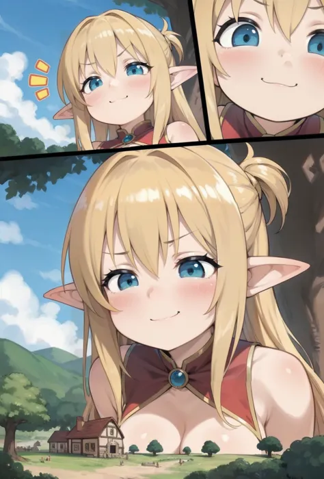 (macro size: 1.2), princess, medieval fantasy, (2 panels: 1.2), (3panels: 1.2), closeup face and breasts, pointy ears, (girl face reaction: 1.1), giantess looking down at a tiny village on a tree, smug, foreshortening