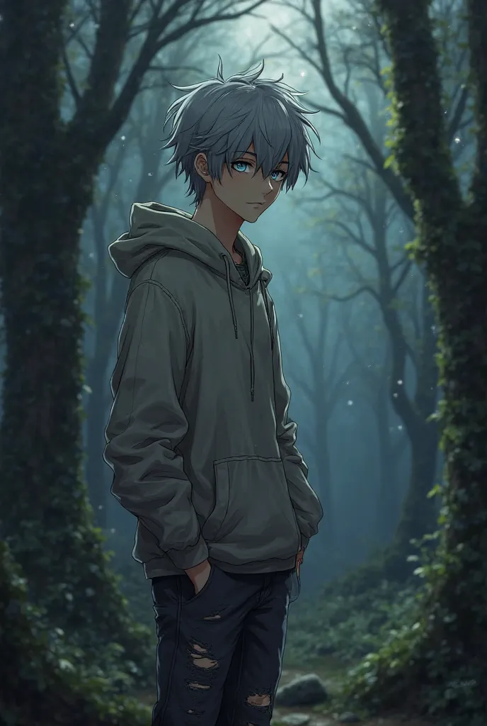 anime style, a 17-year-old male character, gray hair, light blue eyes, in a dark forest,  showing his whole body, wearing a dirty hoodie and torn pants