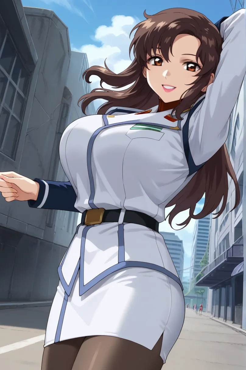 ((((MASTERPIECE)))), best quality, 1 girl, solo,,huge breasts,big ass, Murrue, brown hair, brown eyes, lipstick, long hair, military uniform,white uniform, belt, white skirt, pantyhose,curvy figure,Beautiful attention to detail:1.2, (perfect hand, perfect ...