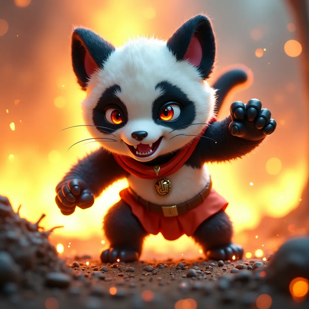 Fighting cat panda girl. figure is a mix of panda and cat. Female background flames. cute