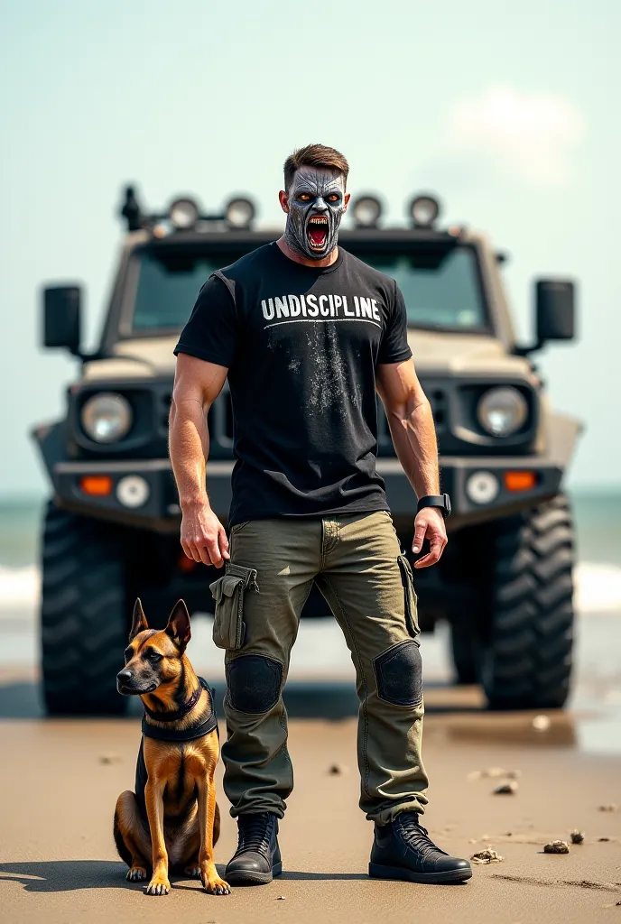 A muscular soldier with zombie mask on wearing a black shirt printed with UNDICIPLINE and his on the beach beside a monster jeep with his k9