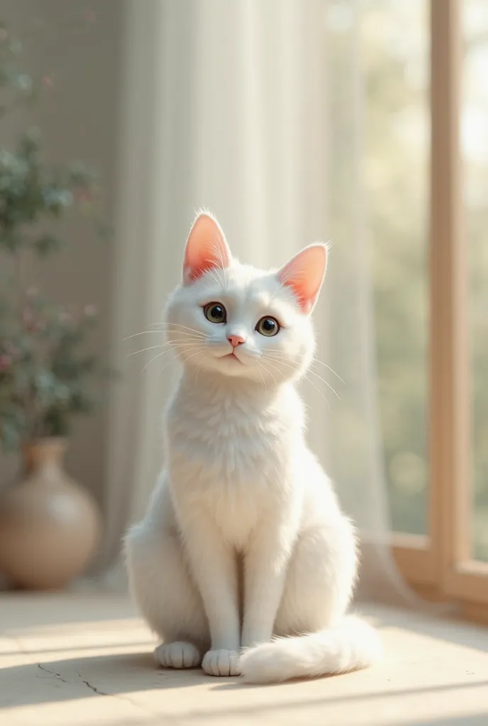 A white cat sitting.