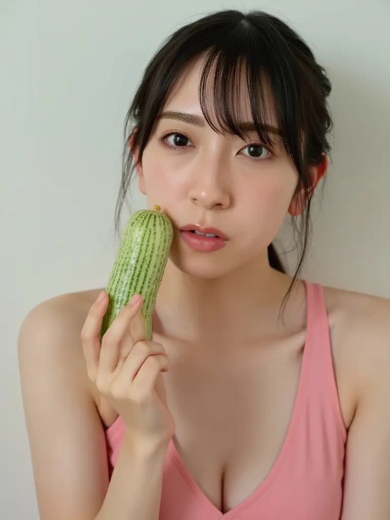   18-year-old Asian , (((I hold a pink cucumber:1.4))) ,  ((( a pink cucumber with prominent stripes ))) ,   a cucumber the size of her mouth  ,   cucumber 20 cm long  , thick cucumber   ,  (( from your vaginal fingers:1.4)),  drooling  ,   viscous whitish...