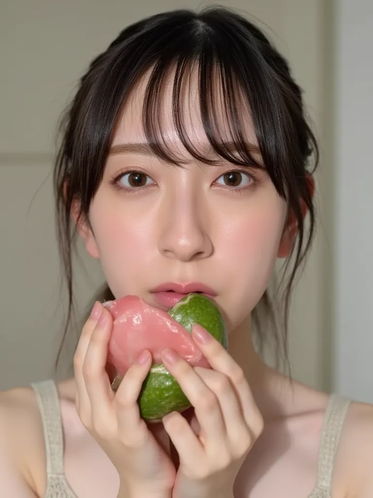   18-year-old Asian , (((I hold a pink cucumber:1.4))) ,  ((( a pink cucumber with prominent stripes ))) ,   a cucumber the size of her mouth  ,   cucumber 20 cm long  , thick cucumber   ,  (( from your vaginal fingers:1.4)),  drooling  ,   viscous whitish...