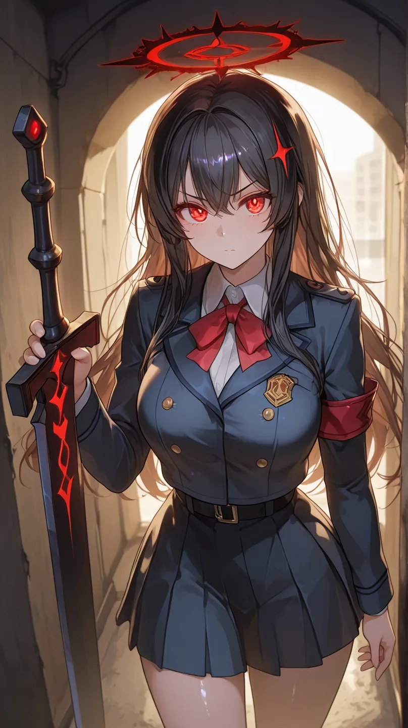 a  old girl, determined expression, dark and long hair, wears an elite school uniform.  She holds a cursed sword , glowing with demonic runes, shrouded in shadows. The sword emits a black aura, with blood-red details. She's standing, in the tunnel illumina...