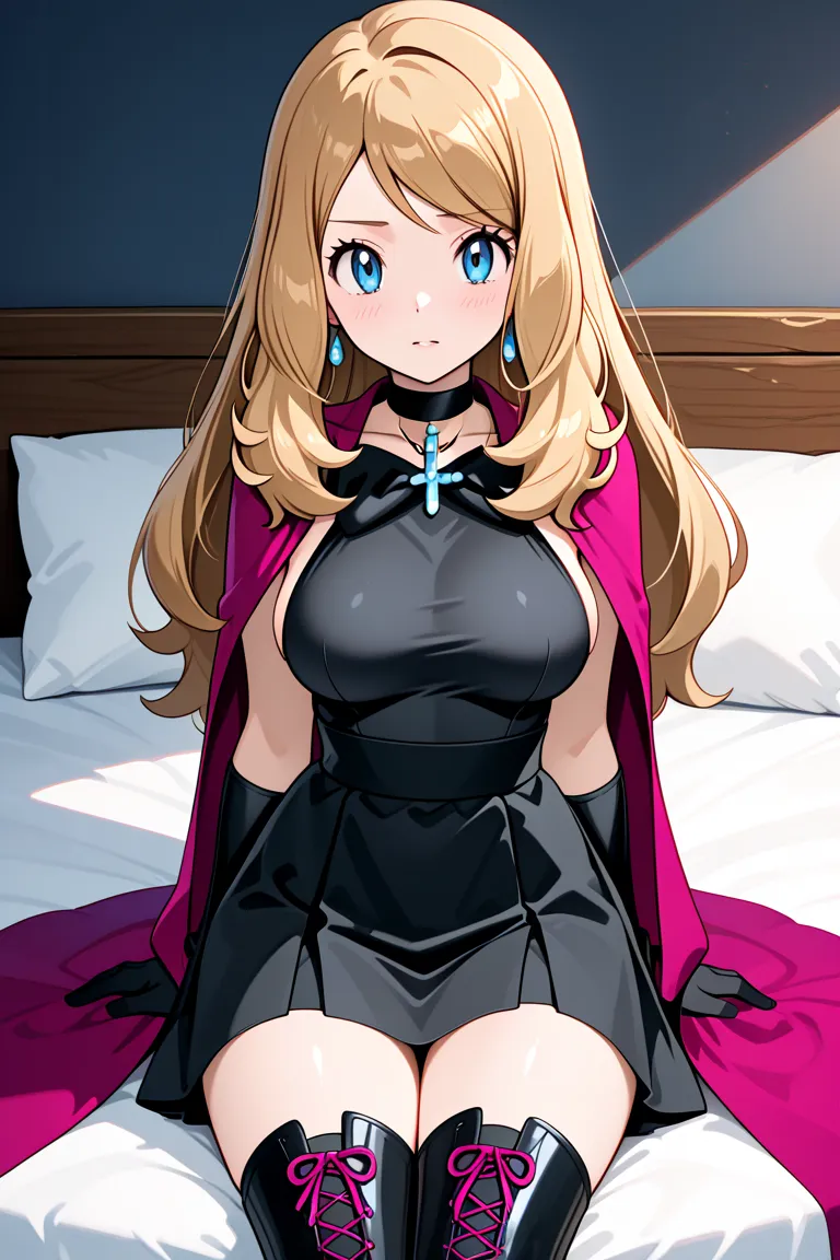 Serena from pokemon, she is pretty young gir age of 19 year old ,she has yellow long hair, her breast size are small, she wears aShe wears a form-fitting black dress with a halter-style top featuring intricate, cross-shaped straps, along with a choker neck...