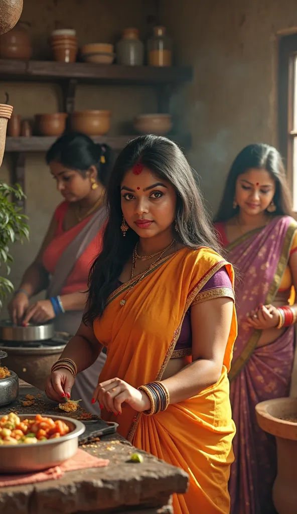 chubby indian women working in kitchen , wearing saree , wide waist , sexy navel , big breast , long hairs , make up , dark eyeliner , photorealistic , realism , natural lighting , 8k resolution ,
