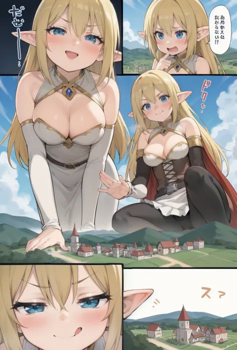 (macro size: 1.2), princess, medieval fantasy, (2 panels: 1.2), (3panels: 1.2),, pointy ears, (girl face reaction: 1.1), giantess towering over a tiny village, smug, foreshortening, breasts, tongue