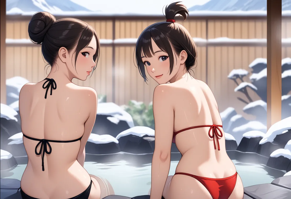 (Masterpiece, Top quality:1.2).
2 girls, attractive girl, beautiful eyes, detailed face,
Two-dimensional illustration with realistic touch. Soft contrast.

Japanese background, snowfall, Background with mountains in the distance, shallow depth of field,

(...