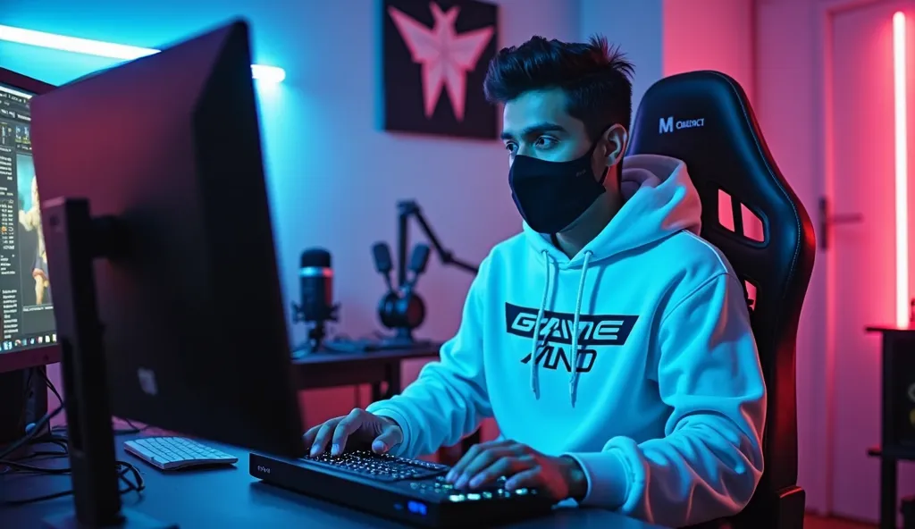 An Indian man sitting confidently on a modern gaming chair in his YouTube studio. He is wearing a bright white hoodie with "Game And" boldly printed on it. His face is clearly visible and expressive despite wearing a sleek black COVID-19 mask. The man is g...