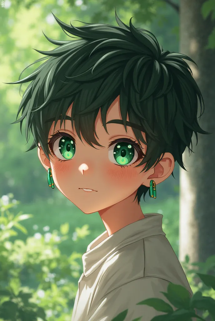  A  old boy, beautiful, with green earrings in their ears, Height of about 1,65,  EMERALD GREEN EYES , cabello desordenado pero beautiful, anime style.