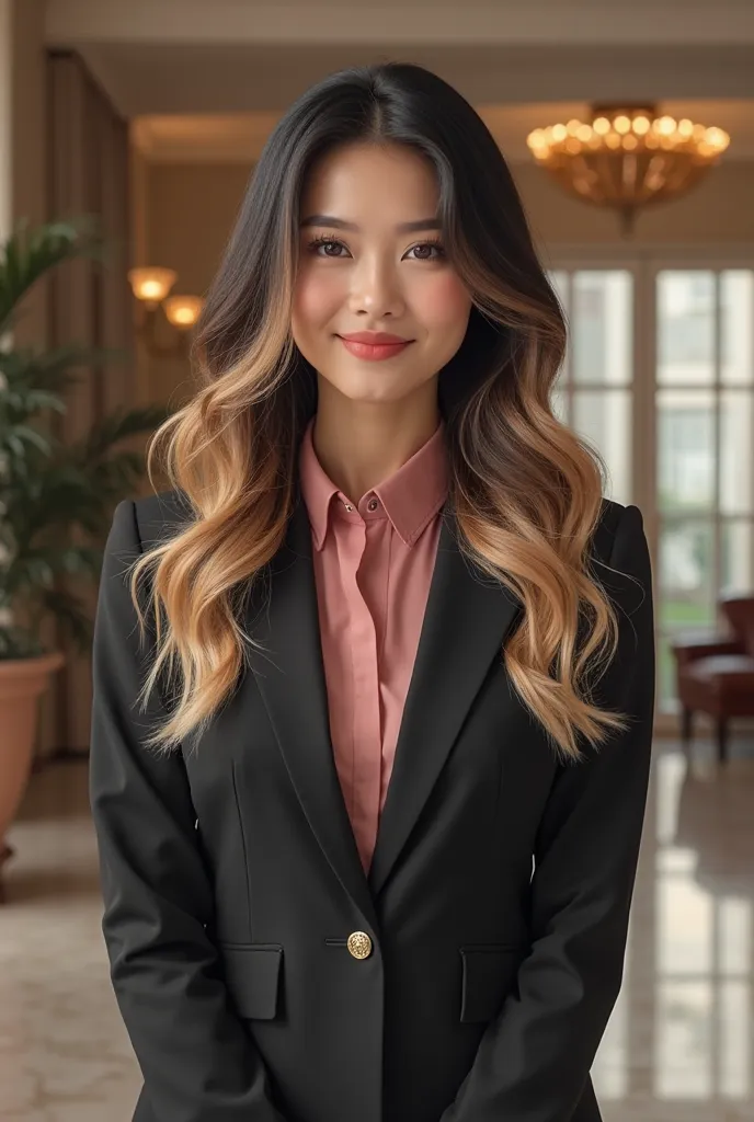 "A 23-year-old woman, wearing a beautiful black and pink office suit like a businesswoman, with long hair neatly styled from black to blonde, said welcome to the incoming guests with a thin smile."