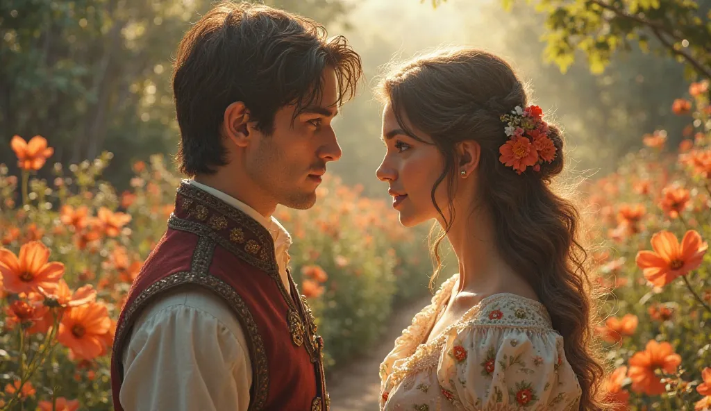 The hero and heroine meet in an old-fashioned garden filled with colorful flowers. The hero gazes into her eyes, while the heroine shyly looks down, blushing. The atmosphere is filled with romance and charm."