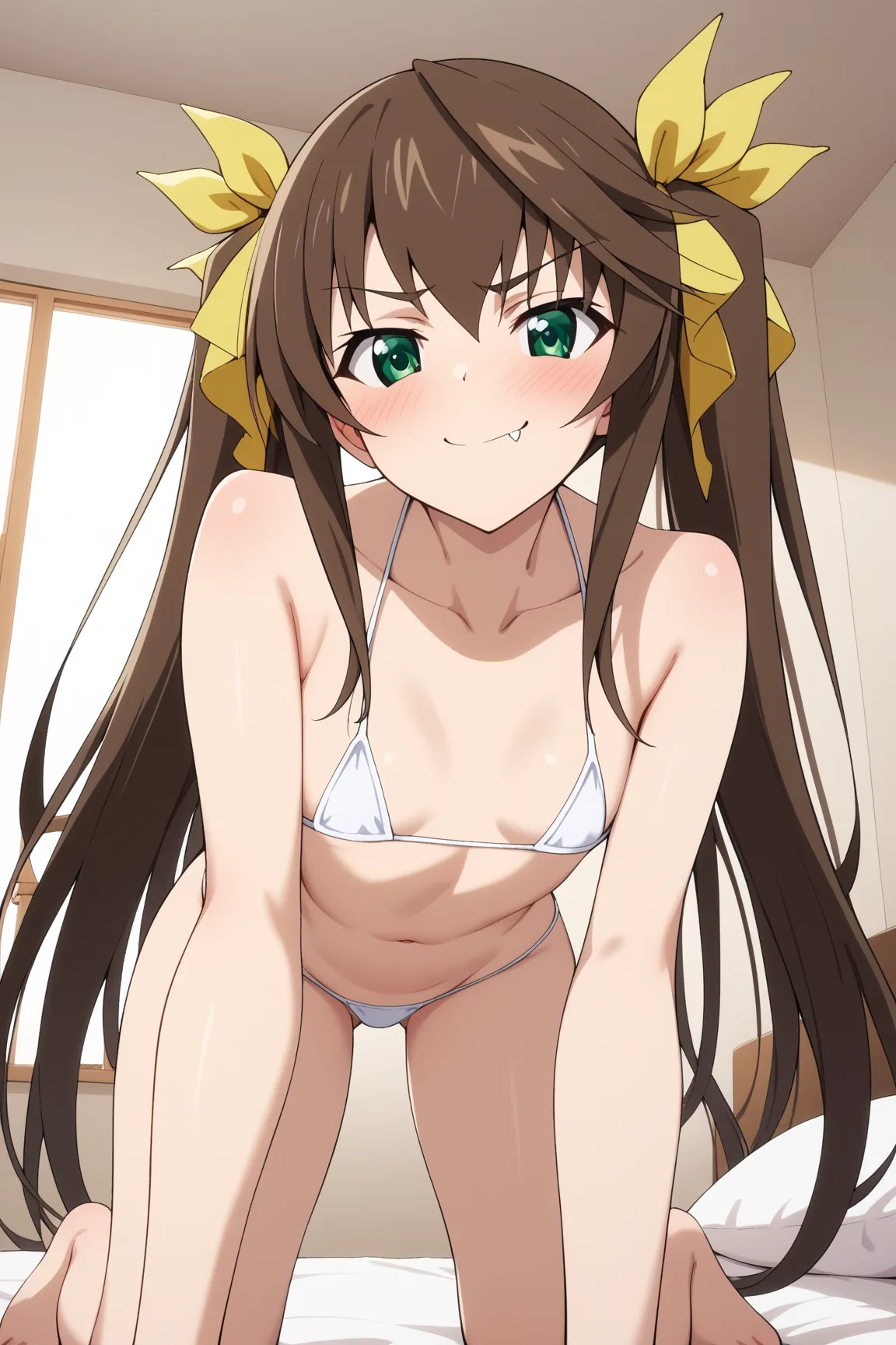 masterpiece,best quality,{{detailed beautiful face and eyes}}, very detailed background,
Lingyin Huang,{{{megami magazine}}},long hair,brown hair,twintails,hair ribbons,yellow ribbons,fang,green eyes,small breasts,
1girl,(is smug,big blush:1.0),
(((White s...