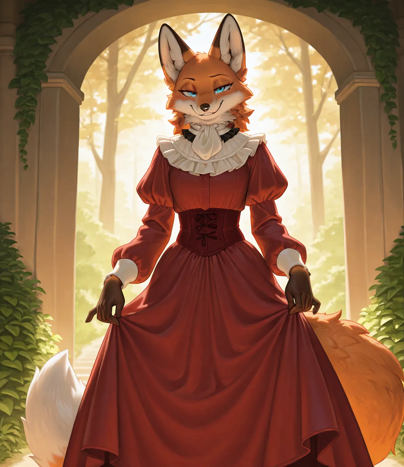 Male, Furry, Fox, Orange fur. Warm tones. Ambient lighting. Realistic eyes. Scenery, newest, Ultra-detailed, high resolution, Very aesthetic, Best Quality, Masterpiece, wearing 14th century clothing. Tailcoat, Frilled collar. Masculine body. Blue eyes. Det...