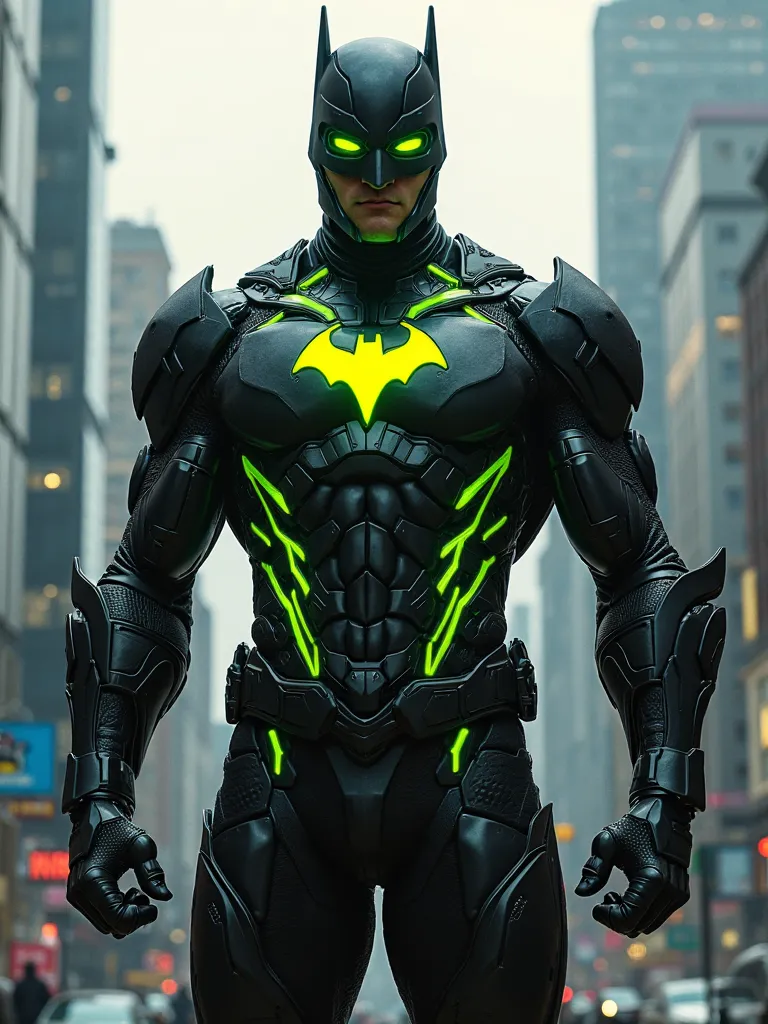 a superhero, he is wearing black armor with green details, a yellow symbol on the chest