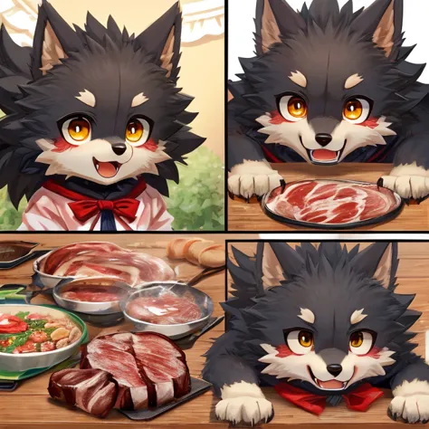 (((masterpiece,       High Resolution,       top quality))), (One々  A meat cooking manga where a cute werewolf makes you happy in 4 frames)、cute 2 scenes、